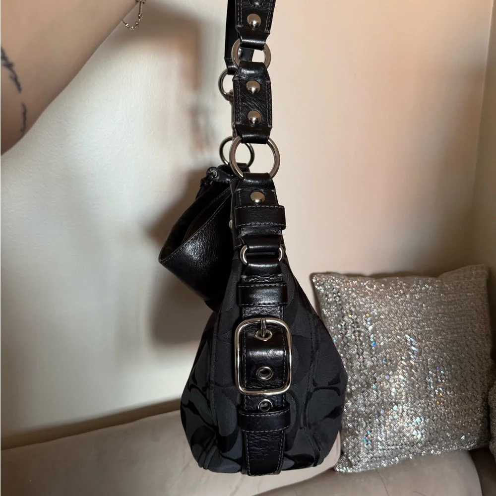 Coach Black Signature Shoulder Bag with Leather Trim - Picture 5 of 11